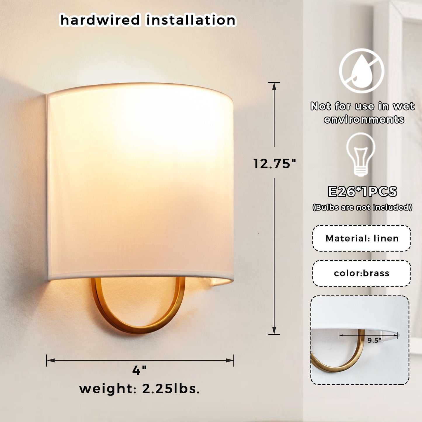 Iron Sconce with Demi-Lune Linen Shade - Hand-Forged Quality and Modern Design, Ideal for Bathroom and Modern Living Room Fixtures