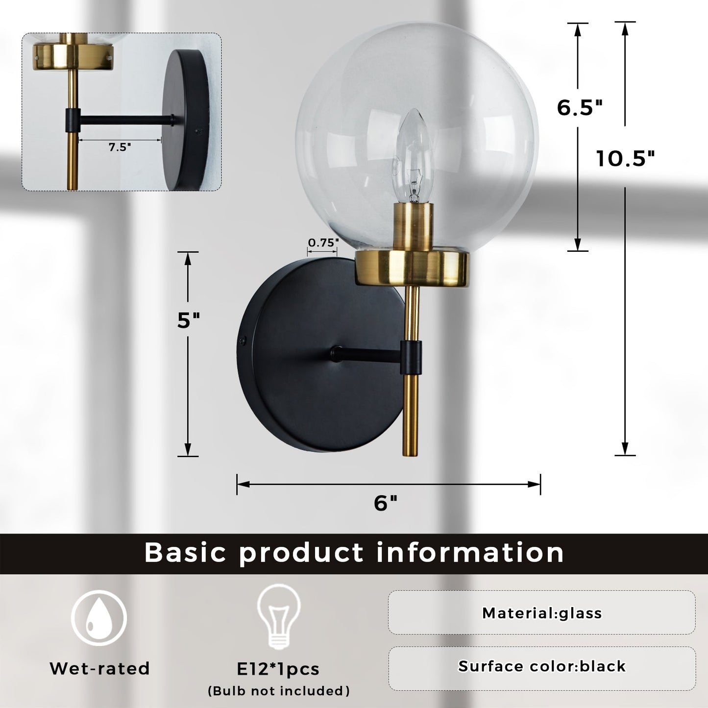Brass Glow Mid-Century Glass Globe Wall Sconce - Two-Toned Metal and Handblown Clear Glass for Bedroom, Living Room, and Outdoor Lighting
