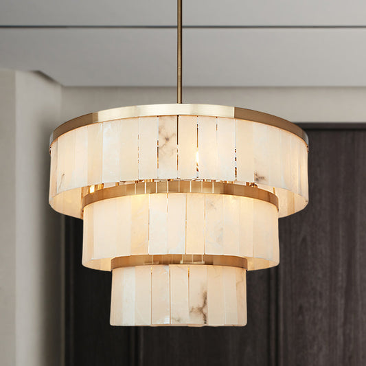 Rustic Alabaster Three-Tier Chandelier with Metal Detailing - A Stunning Rustic Chandelier Featuring Natural Stone - Perfect Hanging Light Fixture for Your Living Room