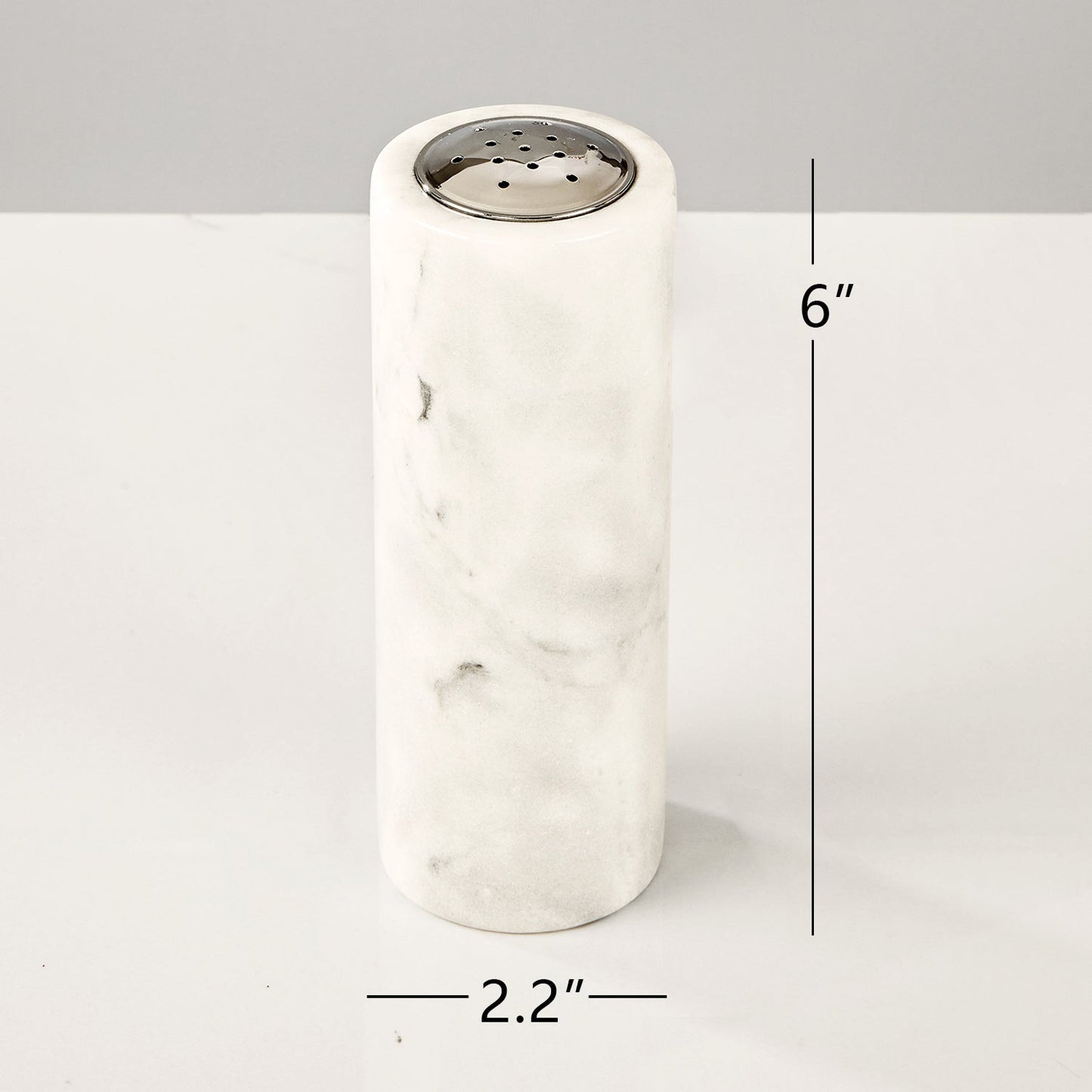 French White Marble Salt and Pepper Set with Grey Veining and Stainless Steel Shaker Plate for Stylish Kitchen and Dining Room Use