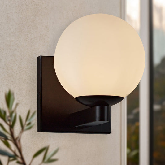 Globe Shade Matte Finish with Brass Accents Single Light Sconce - Blown Glass and Steel Frame for Outdoor, Living Room