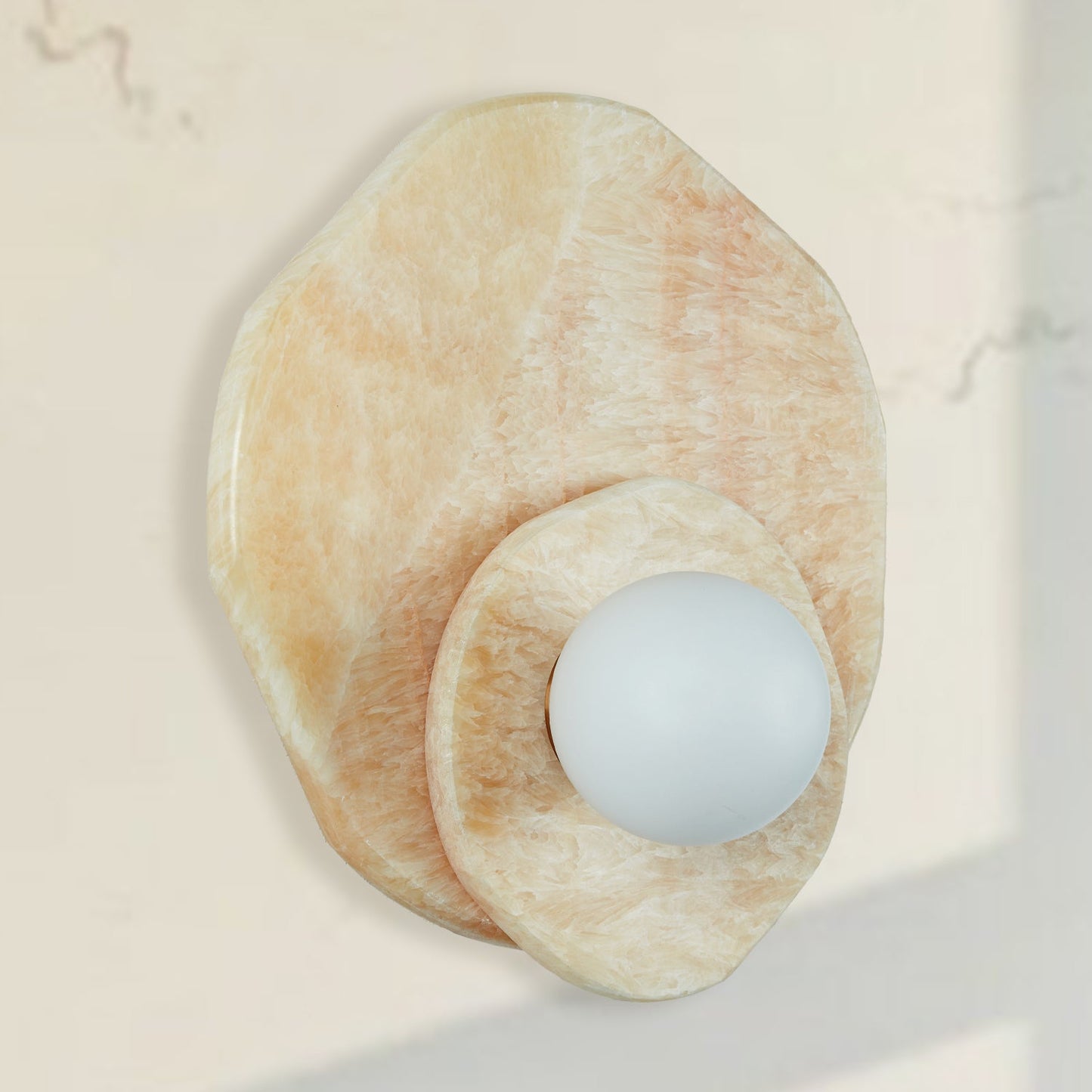 Opaline Cream Sculpture Wall Sconce: Natural Cream Onyx with Opaque White Glass Globe Bulb, Sculptural Design for Living Room, Bathroom, or Bedroom Wall Lighting
