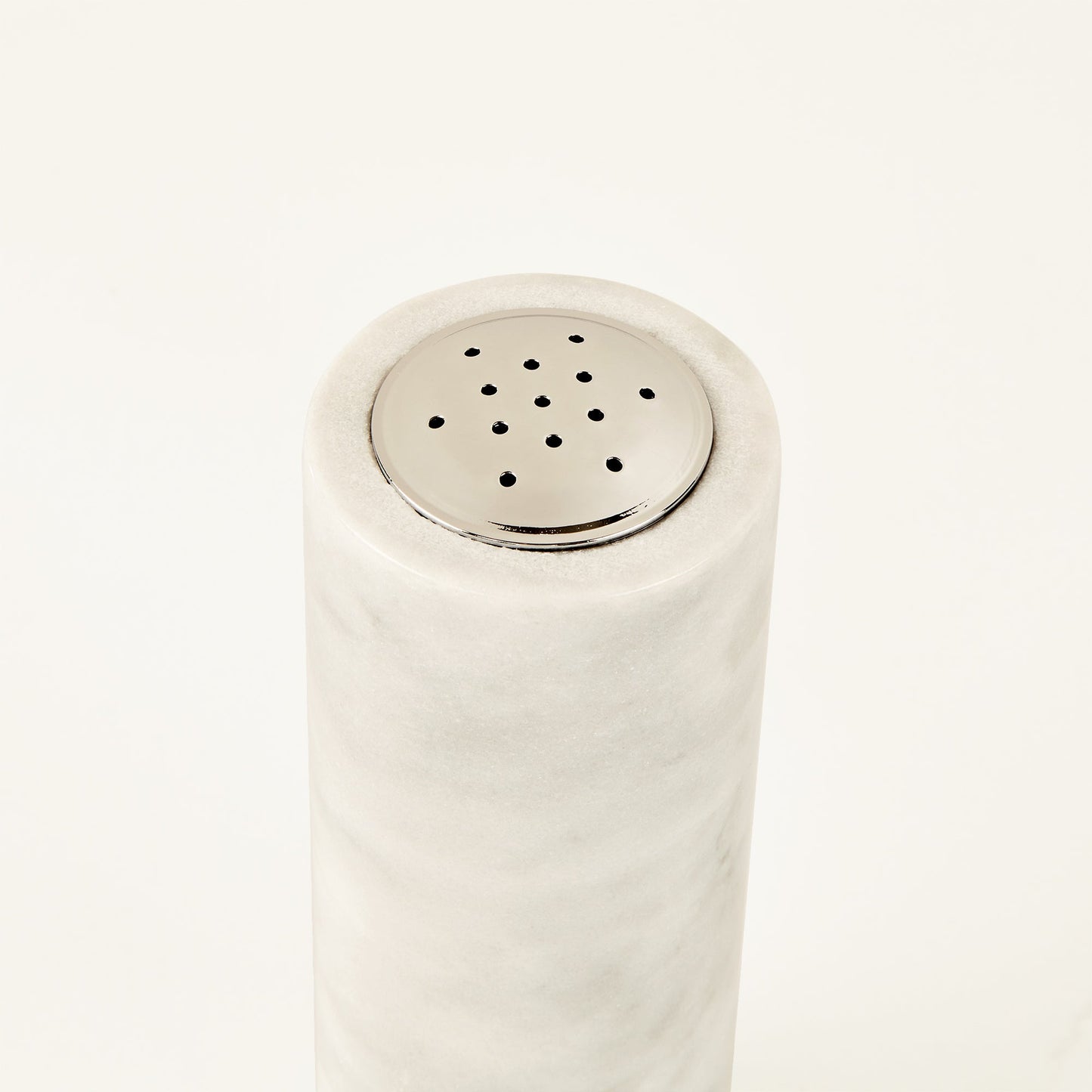 French White Marble Salt and Pepper Set with Grey Veining and Stainless Steel Shaker Plate for Stylish Kitchen and Dining Room Use