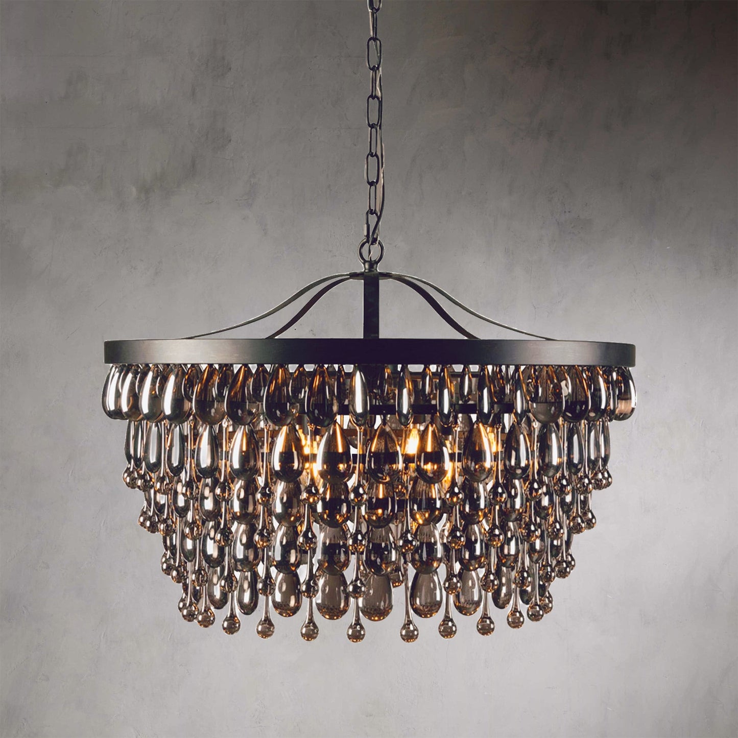 Vintage Glamour Black Iron Chandelier with Grey Glass Beads and Crystal Droplets - Circular Iron Frame with Black Finish and Vintage Glamour - Ideal for Ceiling Lamp for Bedroom and Dining Room Light Fixtures