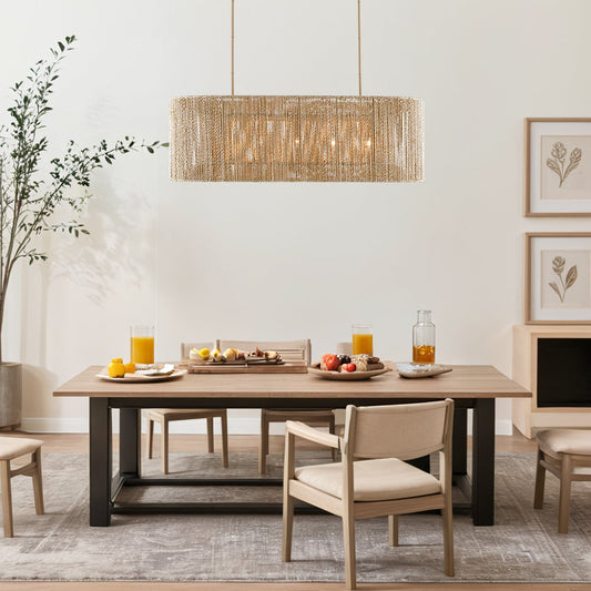 Coastal-Inspired Abaca Rope Linear Iron Chandelier – Dimmer Compatible, Durable Construction, Ideal for Dining Room and Modern Living Room Fixtures