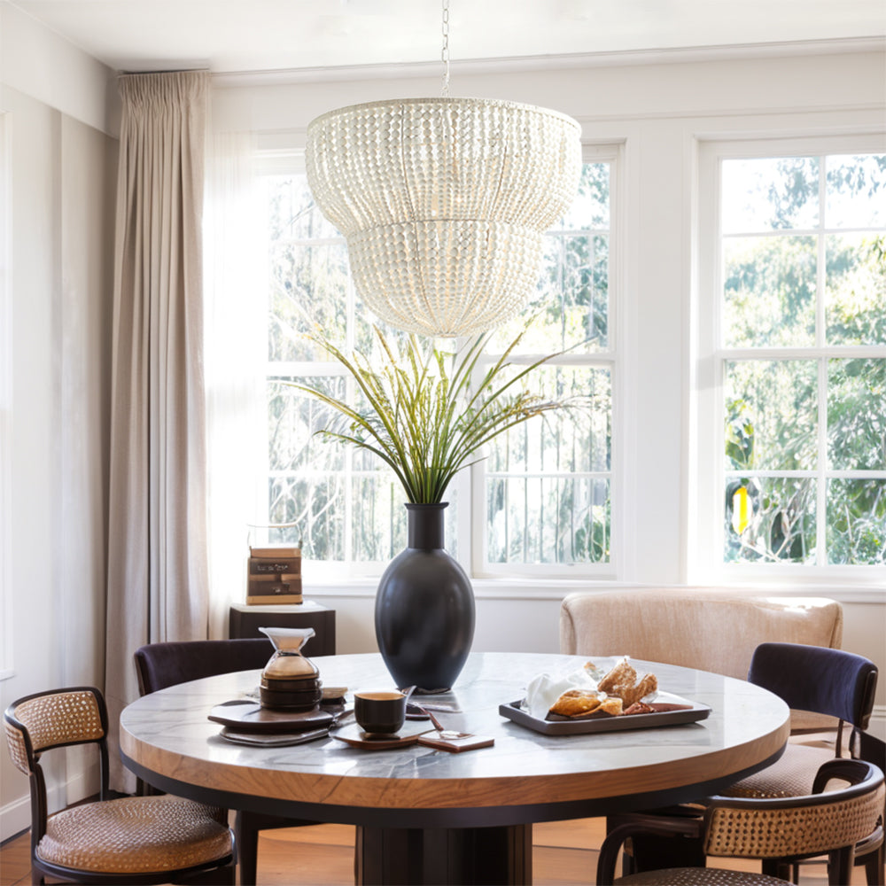 Coastal Elegance 2-Tier Handcrafted Beaded Chandelier - Elegant Design with Handcrafted Wooden Beads for Dining Room, Living Room, and Sitting Room Lighting