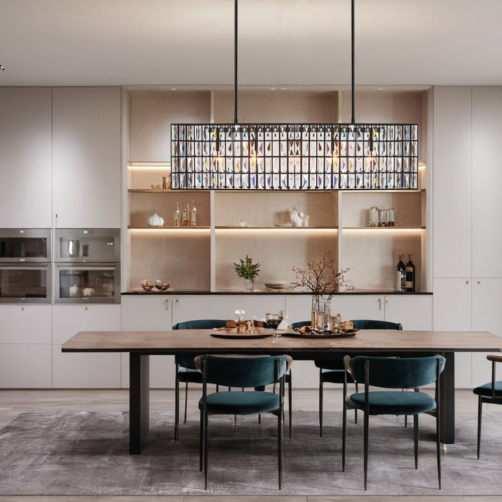 Modern Elegance Crystal Chandelier with Iron Frame and Prismatic Display - Adjustable Height, Perfect for Dining Room and Living Room