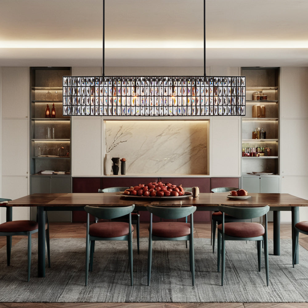 Modern Elegance Crystal Chandelier with Iron Frame and Prismatic Display - Adjustable Height, Perfect for Dining Room and Living Room