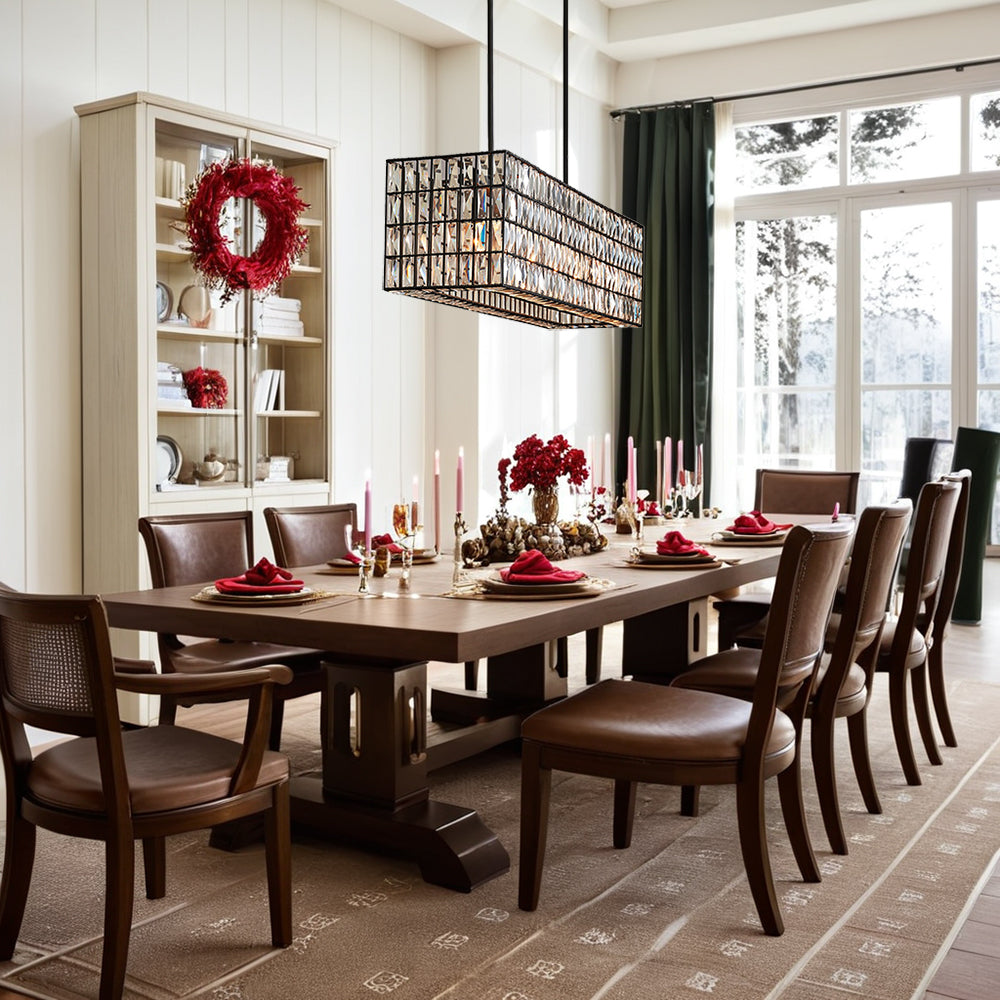 Modern Elegance Crystal Chandelier with Iron Frame and Prismatic Display - Adjustable Height, Perfect for Dining Room and Living Room