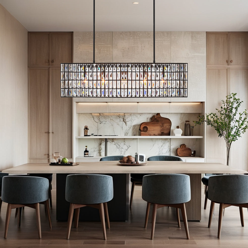 Modern Elegance Crystal Chandelier with Iron Frame and Prismatic Display - Adjustable Height, Perfect for Dining Room and Living Room