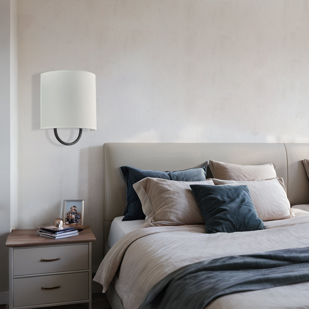 Iron Sconce with Demi-Lune Linen Shade - Hand-Forged Quality and Modern Design, Ideal for Bathroom and Modern Living Room Fixtures