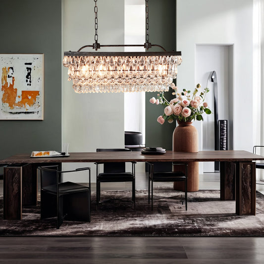 Crystal Raindrop Elegance Rectangular Chandelier - Faceted-Glass Crystals and Rain Drop Display for Dining Room and Living Room Lighting