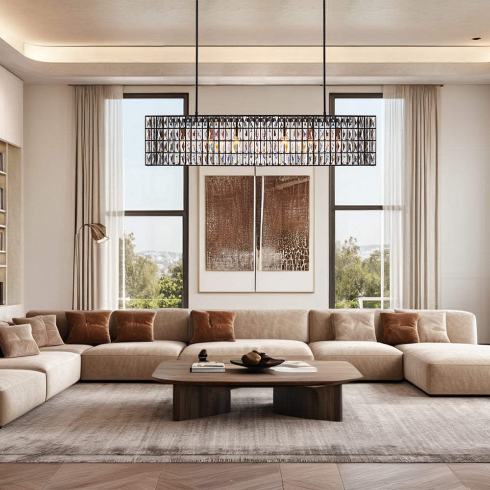 Modern Elegance Crystal Chandelier with Iron Frame and Prismatic Display - Adjustable Height, Perfect for Dining Room and Living Room