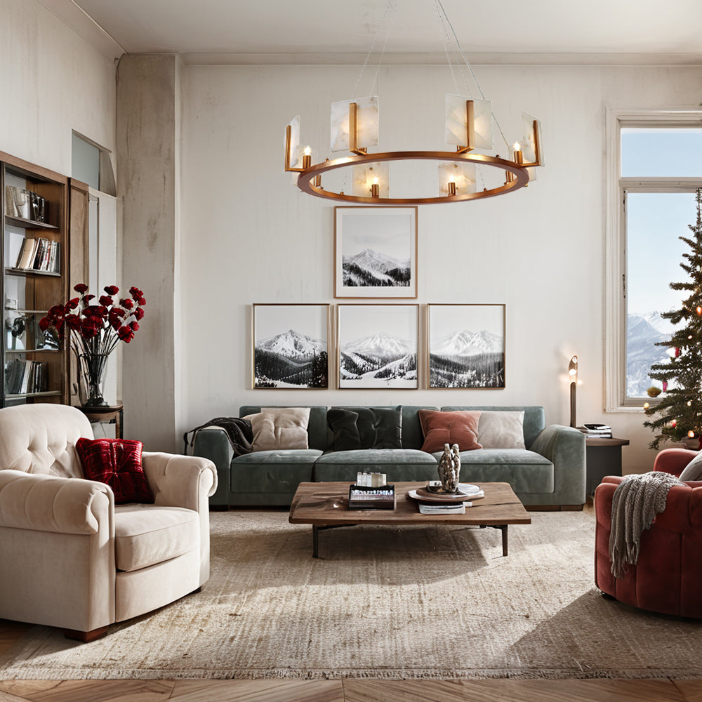 Modern Alabaster Chandelier with Antique Brass Finish - Adjustable Height for Dining Area Lighting, Ideal for Dining Room and Modern Living Room Fixtures