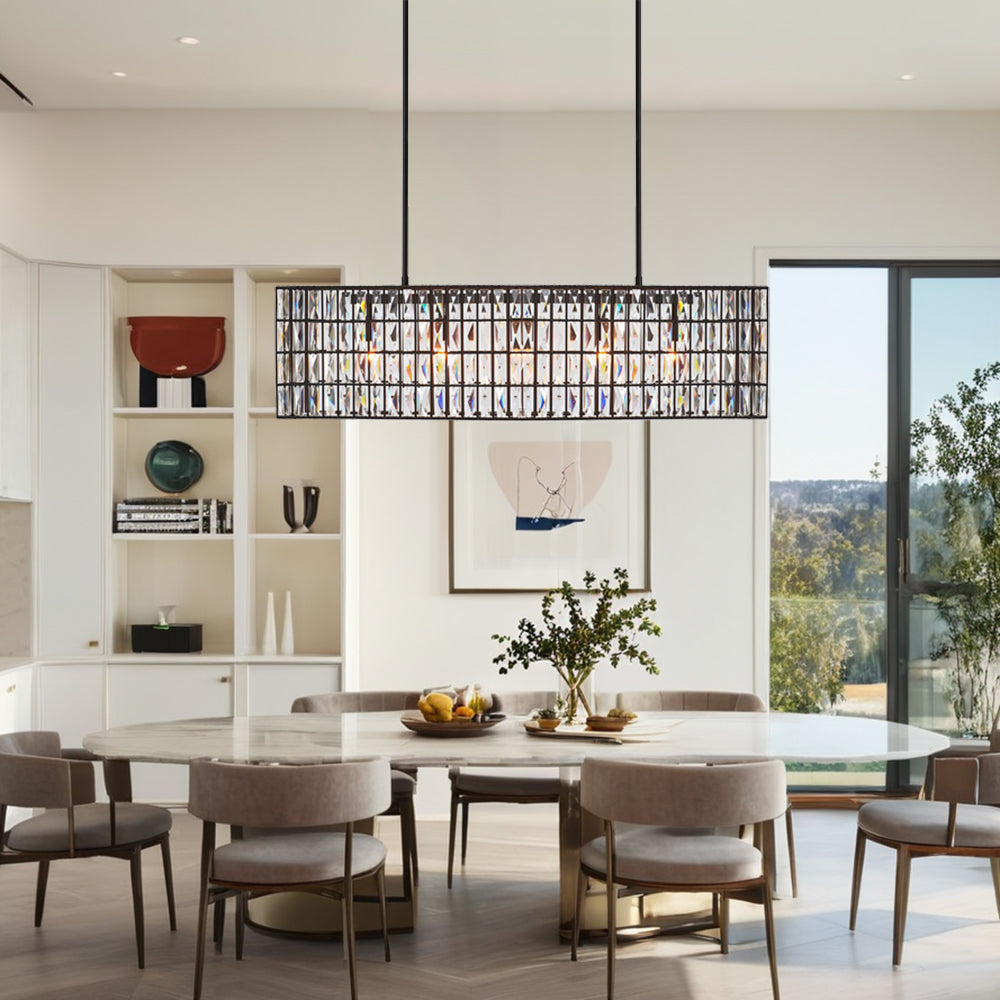 Modern Elegance Crystal Chandelier with Iron Frame and Prismatic Display - Adjustable Height, Perfect for Dining Room and Living Room