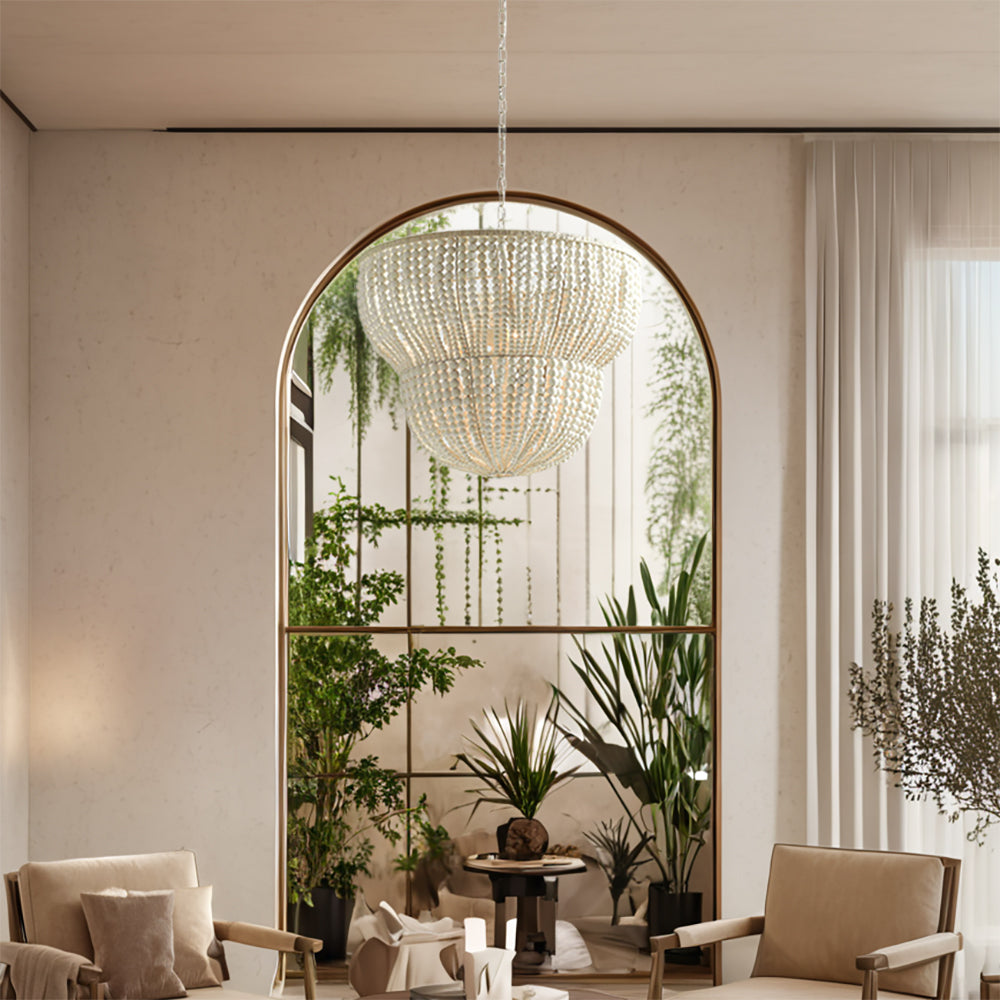 Coastal Elegance 2-Tier Handcrafted Beaded Chandelier - Elegant Design with Handcrafted Wooden Beads for Dining Room, Living Room, and Sitting Room Lighting