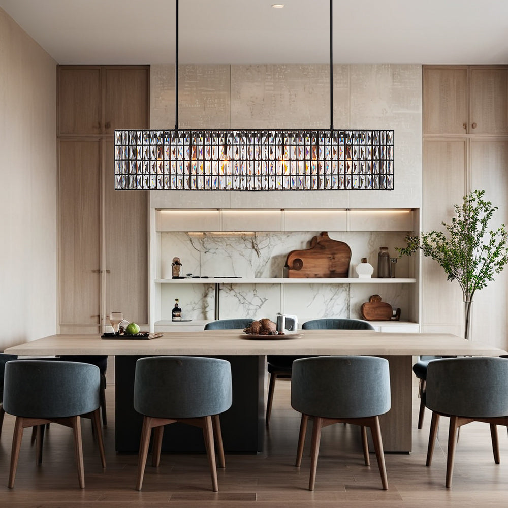 Modern Elegance Crystal Chandelier with Iron Frame and Prismatic Display - Adjustable Height, Perfect for Dining Room and Living Room