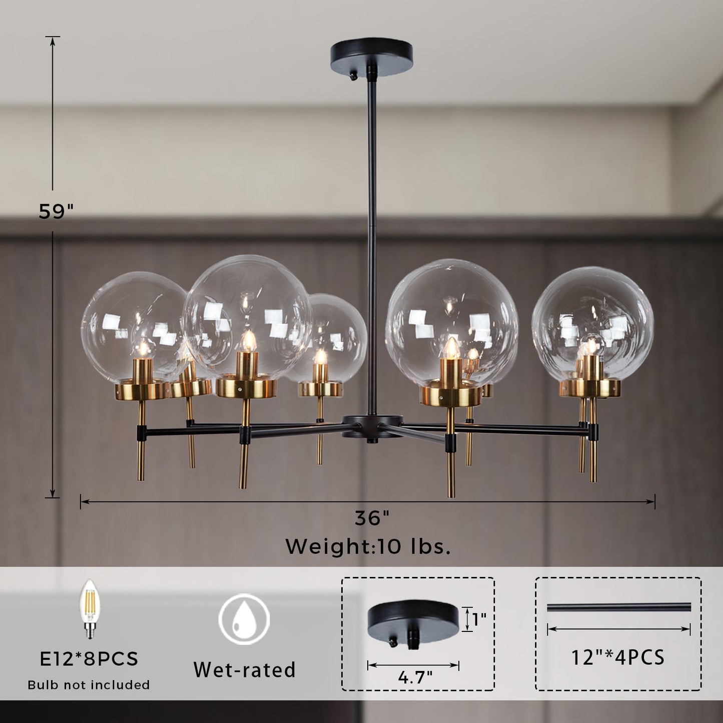 Mid-Century Modern Blown Glass Globe Chandelier - Adjustable Height with Two-Toned Metals for Dining Room, Living Room, and Sitting Room Lighting