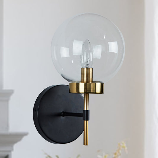Brass Glow Mid-Century Glass Globe Wall Sconce - Two-Toned Metal and Handblown Clear Glass for Bedroom, Living Room, and Outdoor Lighting