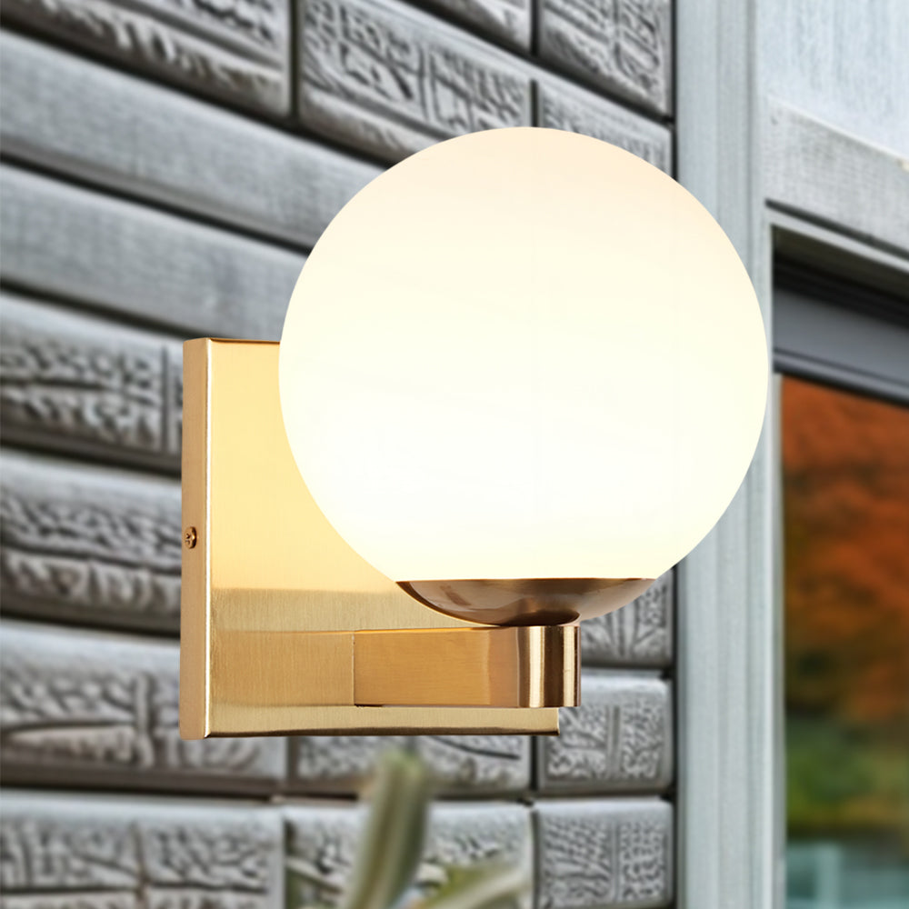 Globe Shade Matte Finish with Brass Accents Single Light Sconce - Blown Glass and Steel Frame for Outdoor, Living Room