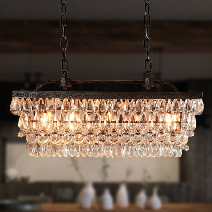 Crystal Raindrop Elegance Rectangular Chandelier - Faceted-Glass Crystals and Rain Drop Display for Dining Room and Living Room Lighting