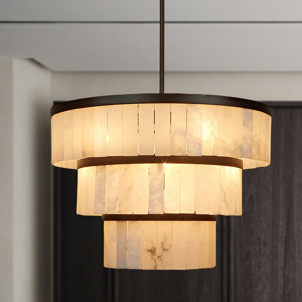 Rustic Alabaster Three-Tier Chandelier with Metal Detailing - A Stunning Rustic Chandelier Featuring Natural Stone - Perfect Hanging Light Fixture for Your Living Room