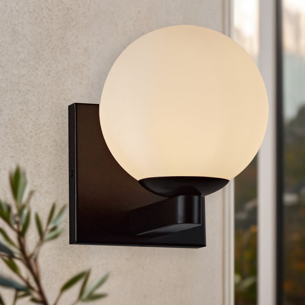 Globe Shade Matte Finish with Brass Accents Single Light Sconce - Blown Glass and Steel Frame for Outdoor, Living Room