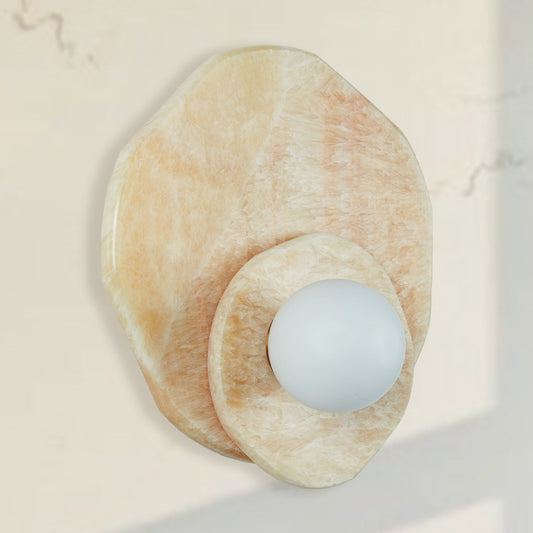 Opaline Cream Sculpture Wall Sconce: Natural Cream Onyx with Opaque White Glass Globe Bulb, Sculptural Design for Living Room, Bathroom, or Bedroom Wall Lighting