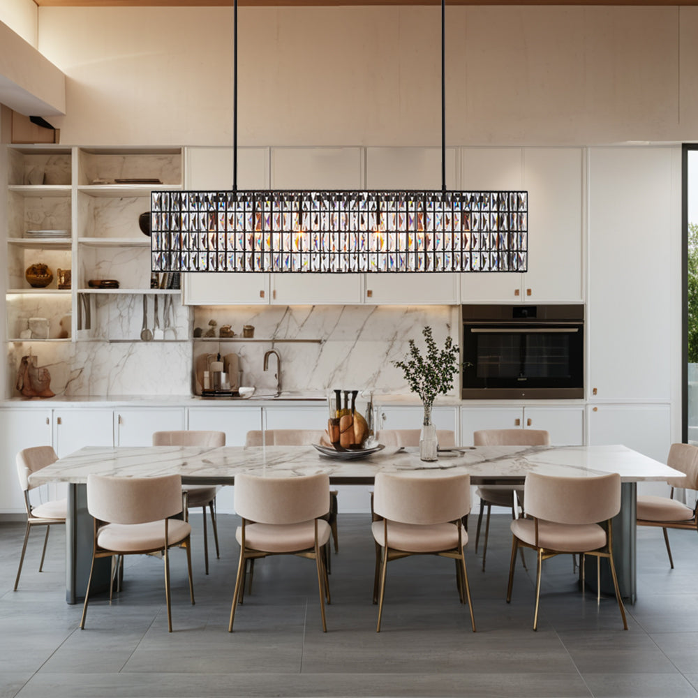 Modern Elegance Crystal Chandelier with Iron Frame and Prismatic Display - Adjustable Height, Perfect for Dining Room and Living Room