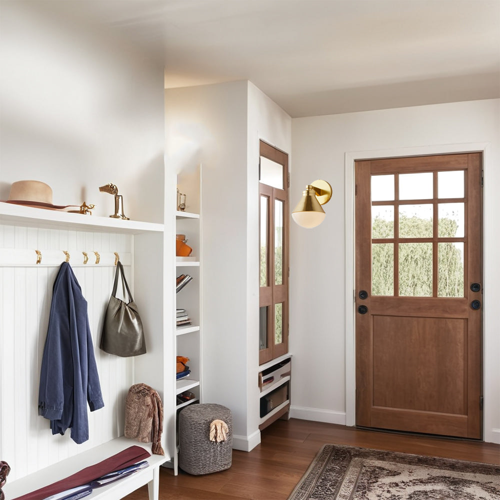 Outdoor Wall Lights - Minimalist Style Mlik Glass with Brass Fixture - French Industrial Geometric Design Wall Sconce for Bedroom, Living Room, and Outdoor Spaces