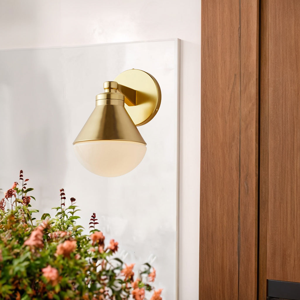 Outdoor Wall Lights - Minimalist Style Mlik Glass with Brass Fixture - French Industrial Geometric Design Wall Sconce for Bedroom, Living Room, and Outdoor Spaces