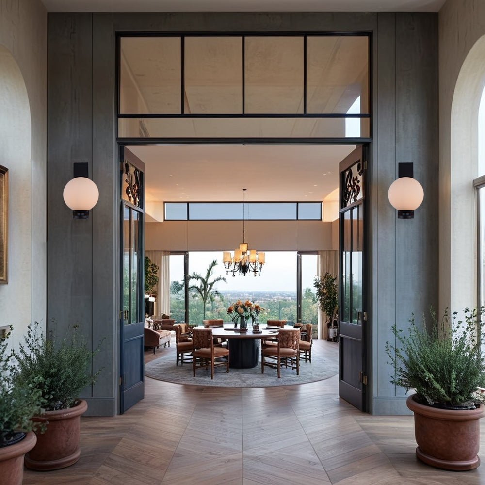 Modern Art Deco Globe Sconce - Minimalist Style with Curvilinear Base and Globe Shade in a Steel Wall Sconce for Outdoor