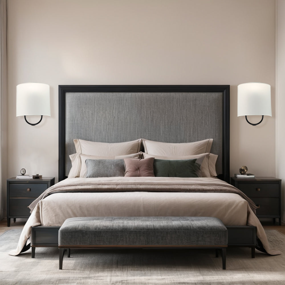Iron Sconce with Demi-Lune Linen Shade - Hand-Forged Quality and Modern Design, Ideal for Bathroom and Modern Living Room Fixtures
