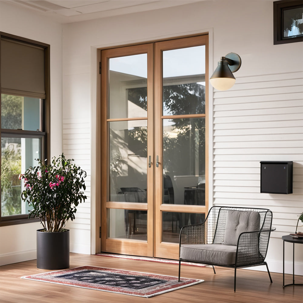 Outdoor Wall Lights - Minimalist Style Mlik Glass with Brass Fixture - French Industrial Geometric Design Wall Sconce for Bedroom, Living Room, and Outdoor Spaces