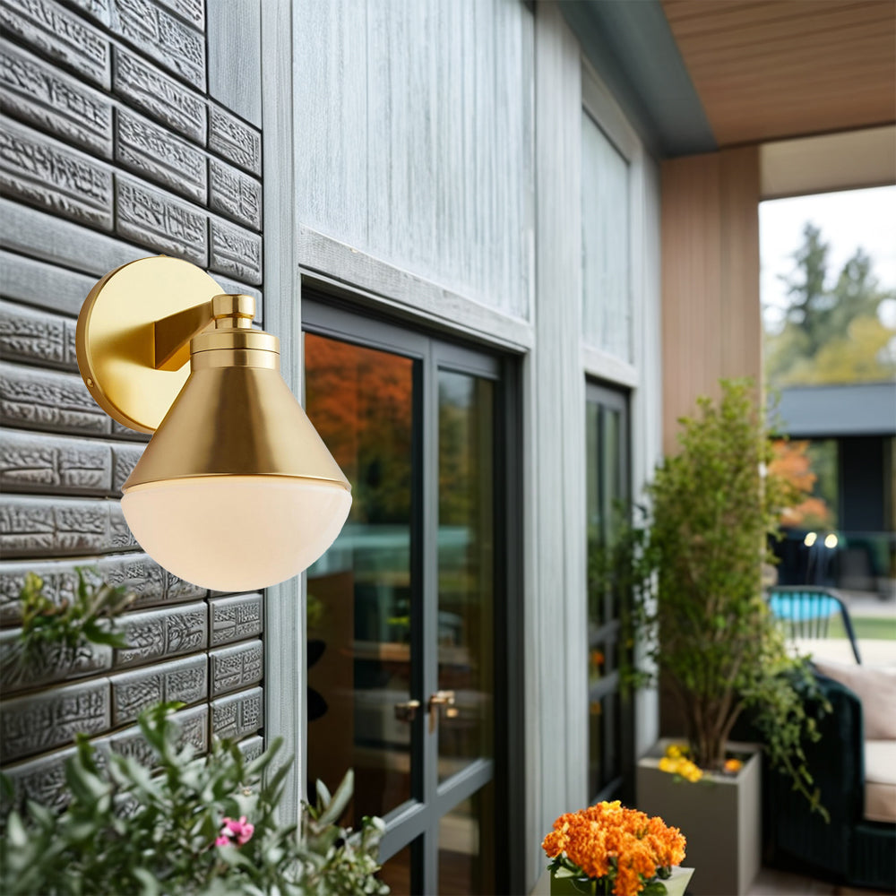 Outdoor Wall Lights - Minimalist Style Mlik Glass with Brass Fixture - French Industrial Geometric Design Wall Sconce for Bedroom, Living Room, and Outdoor Spaces