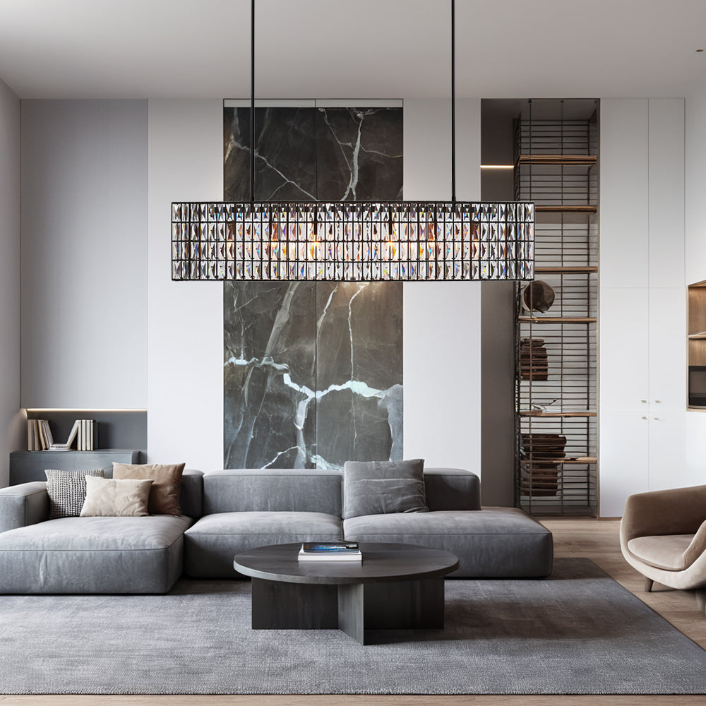 Modern Elegance Crystal Chandelier with Iron Frame and Prismatic Display - Adjustable Height, Perfect for Dining Room and Living Room