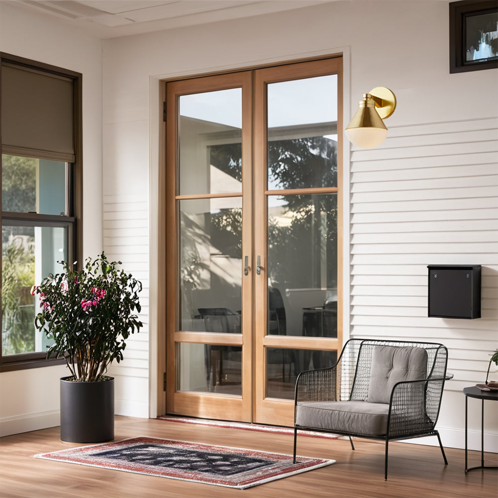 Outdoor Wall Lights - Minimalist Style Mlik Glass with Brass Fixture - French Industrial Geometric Design Wall Sconce for Bedroom, Living Room, and Outdoor Spaces