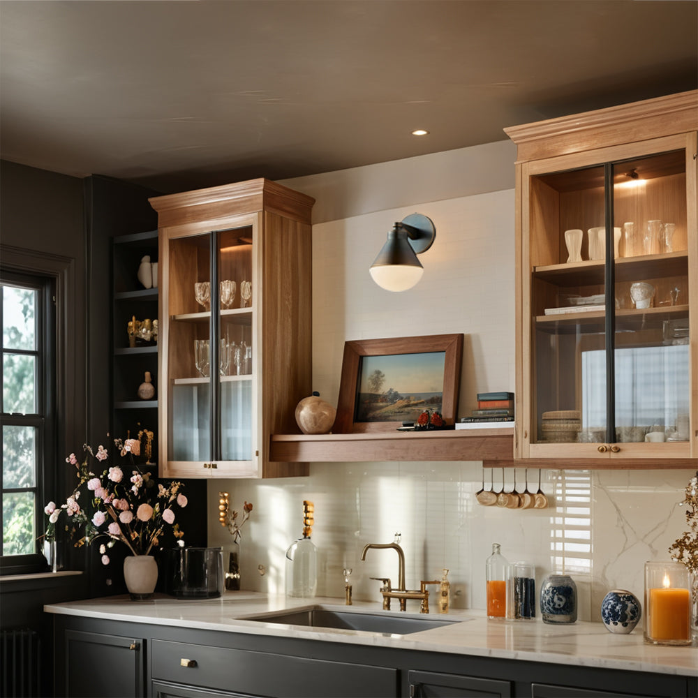 Outdoor Wall Lights - Minimalist Style Mlik Glass with Brass Fixture - French Industrial Geometric Design Wall Sconce for Bedroom, Living Room, and Outdoor Spaces