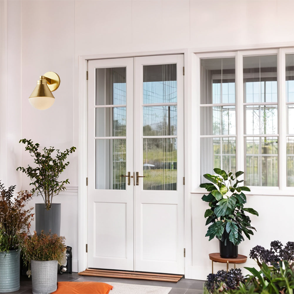 Outdoor Wall Lights - Minimalist Style Mlik Glass with Brass Fixture - French Industrial Geometric Design Wall Sconce for Bedroom, Living Room, and Outdoor Spaces