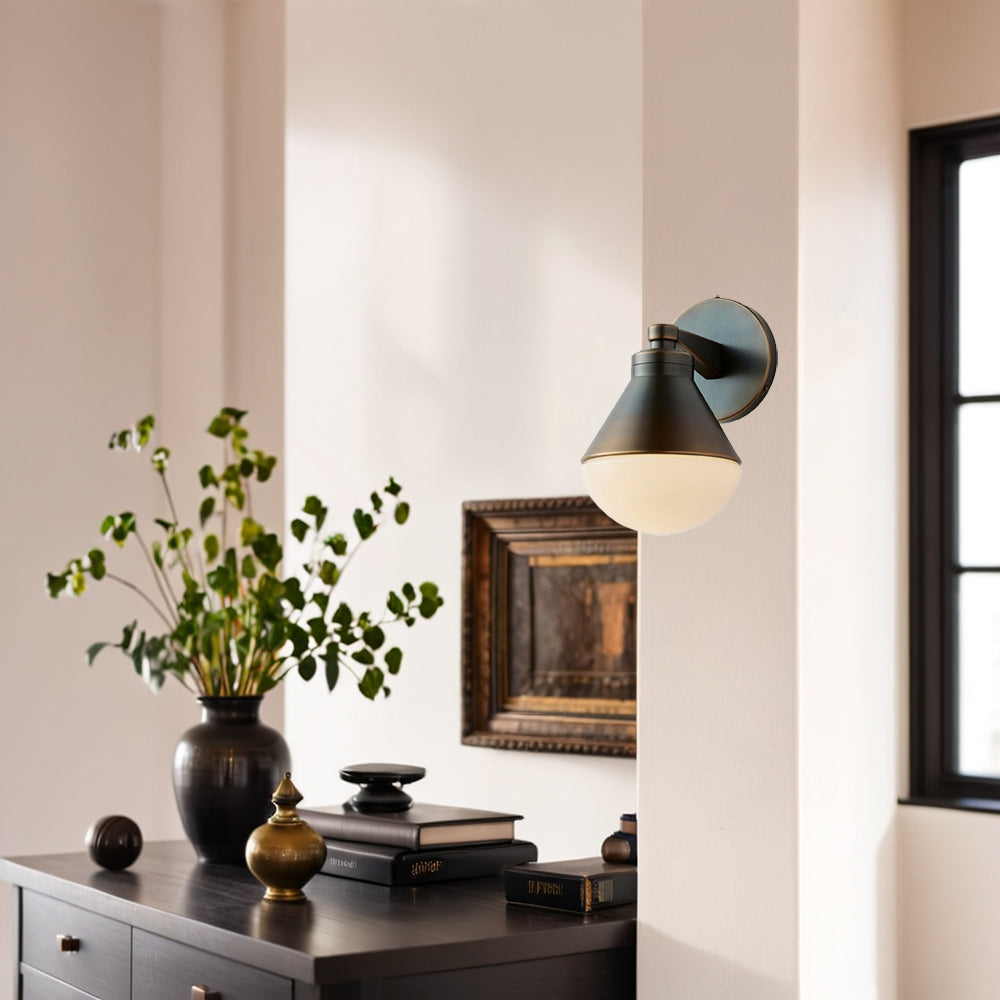 Outdoor Wall Lights - Minimalist Style Mlik Glass with Brass Fixture - French Industrial Geometric Design Wall Sconce for Bedroom, Living Room, and Outdoor Spaces